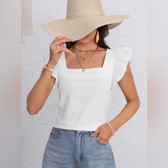 🩵 textured square neck flutter short sleeve boho blouse - Picture 6 of 6